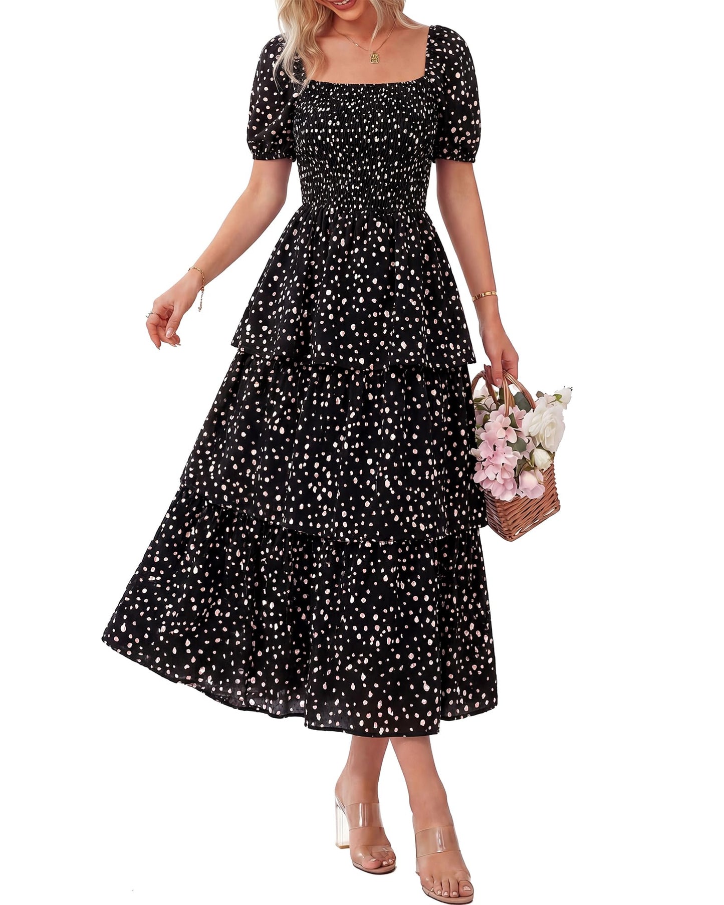 Limited time sale🔥Women's Floral Square Neck Puff Short Sleeve Smocked Tiered Dress