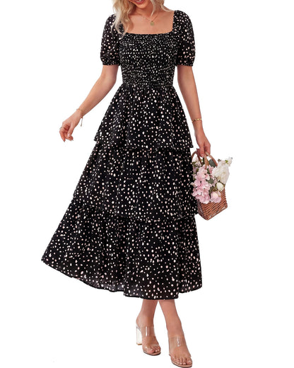 Limited time sale🔥Women's Floral Square Neck Puff Short Sleeve Smocked Tiered Dress