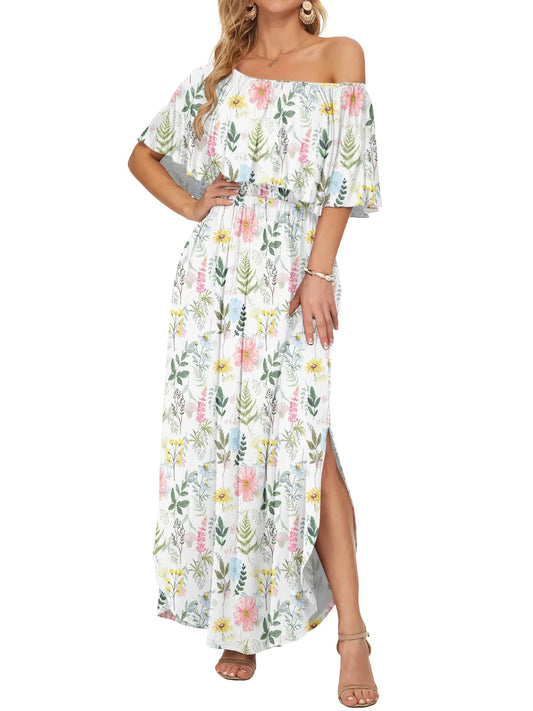 Women's Off-Shoulder Floral Maxi Dress with Pockets & Side Slit