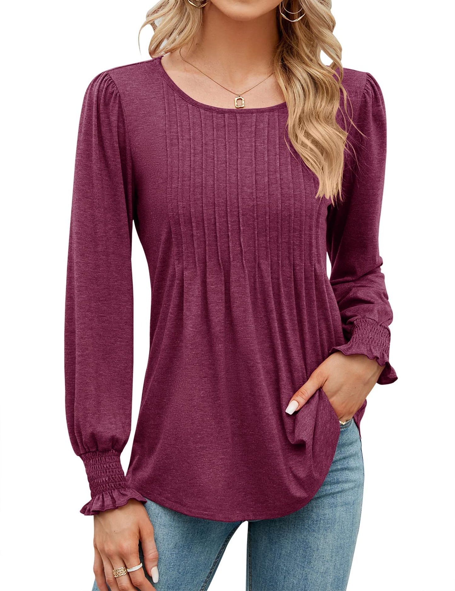 ✨Fall New Women's Pleated Puff Long Sleeve Tunic Tops