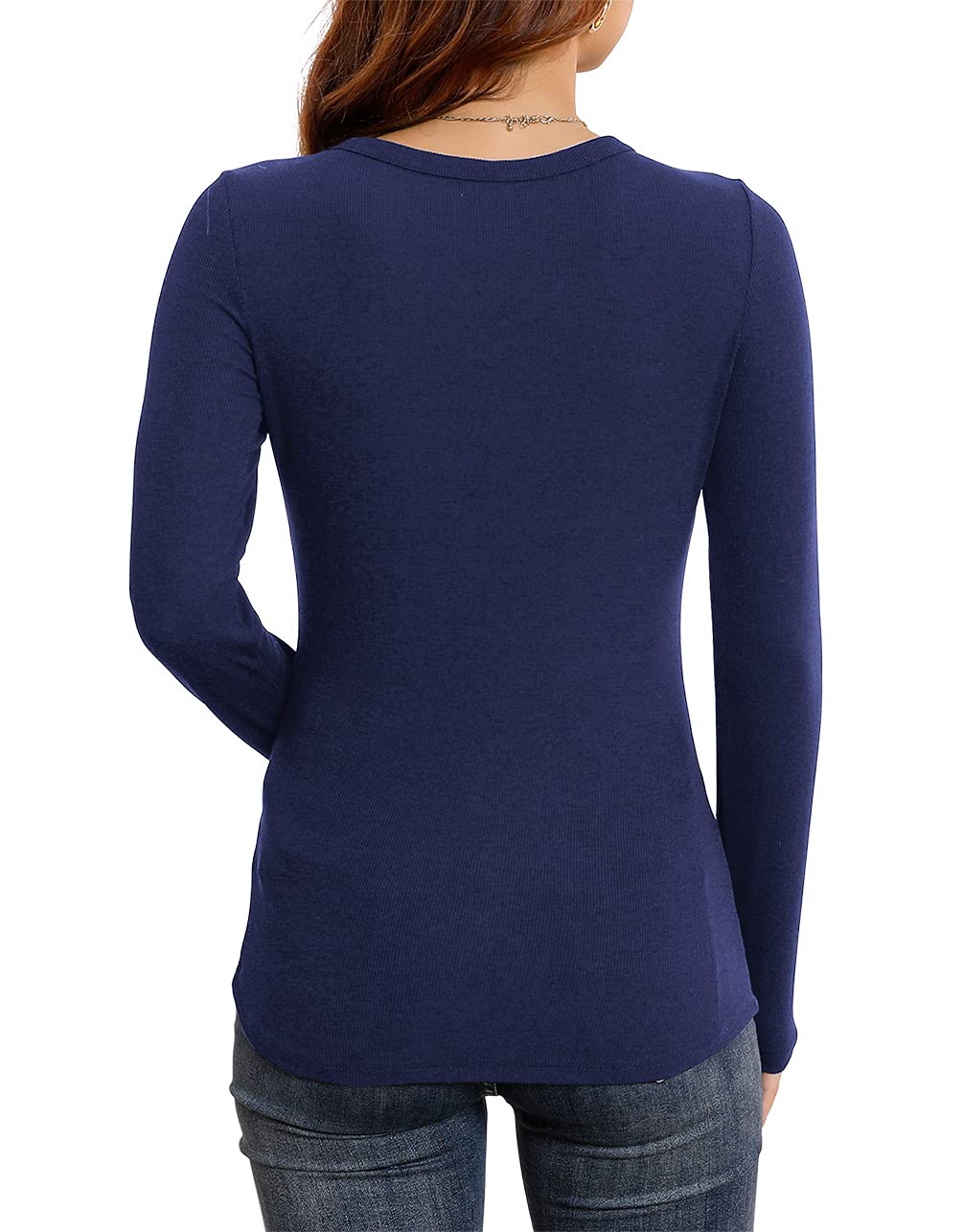 Women's Long Sleeve Stretch Slim Round Neck Ribbed Basic Shirts