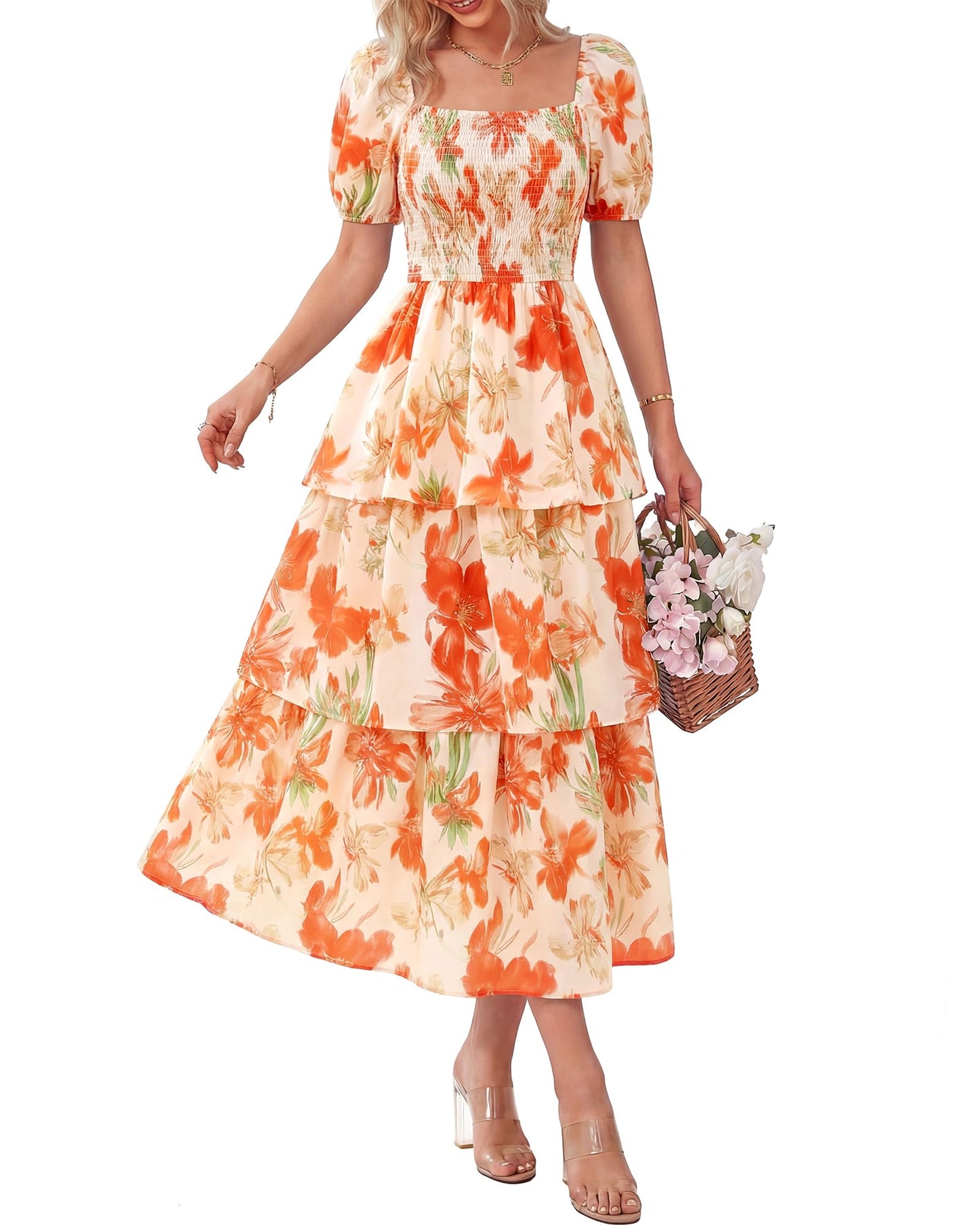 Limited time sale🔥Women's Floral Square Neck Puff Short Sleeve Smocked Tiered Dress