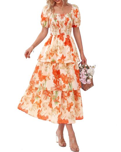 Limited time sale🔥Women's Floral Square Neck Puff Short Sleeve Smocked Tiered Dress