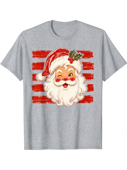 Vintage Christmas Santa Print Casual Short Sleeve Top