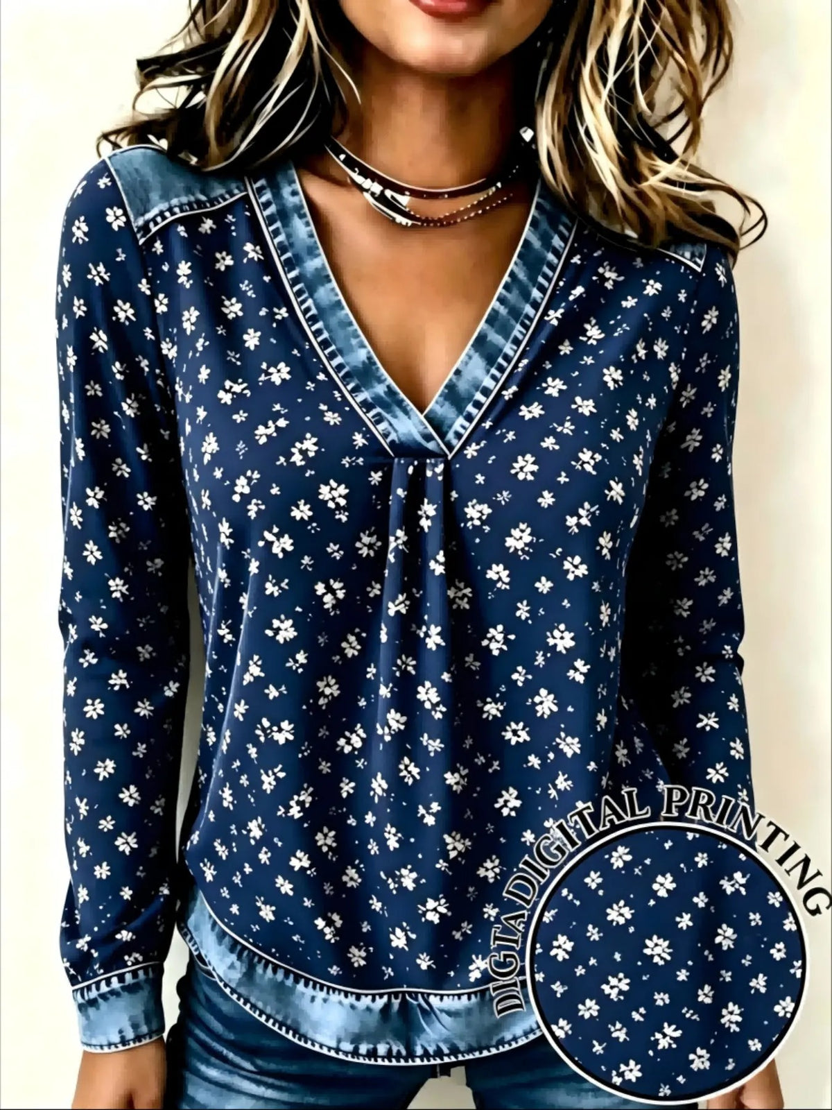 New Spring Fall Women's Fake Denim Patchwork Print V Neck Top