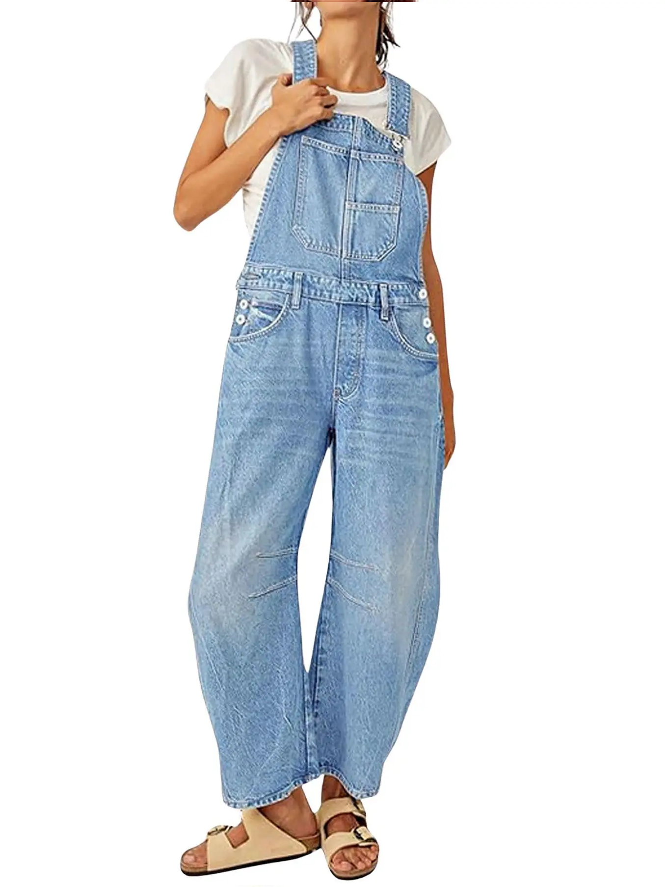Women Adjustable Strap Wide Leg Casual Bib Overalls With Side Pockets