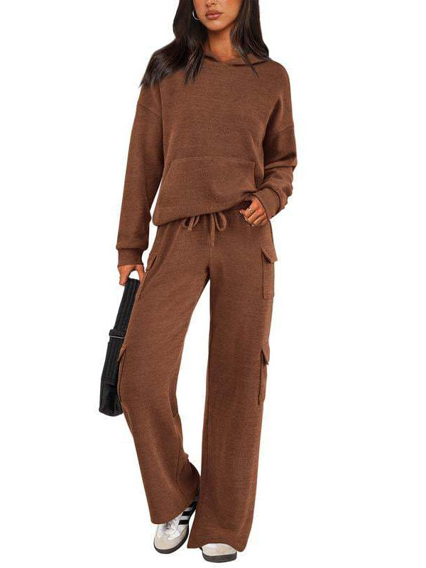 Women Hooded Top Wide Leg Cargo Pant 2 Piece