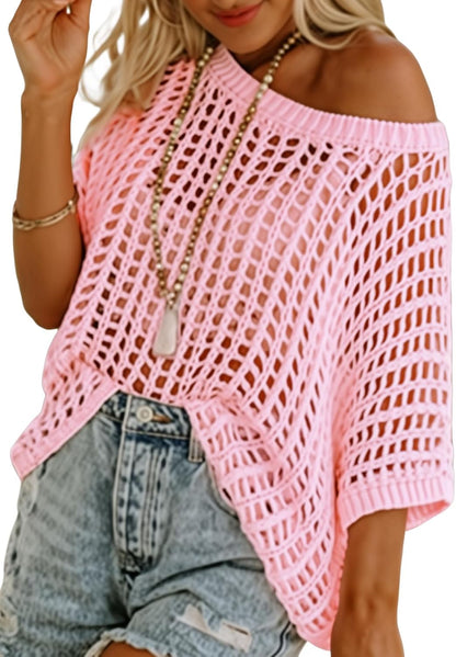 Women Hollow Knit Off Shoulder Casual Short Sleeve Tops