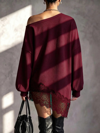 Women Off Shoulder Lace Hem Long Sleeve Waffle Knit Tunic Top