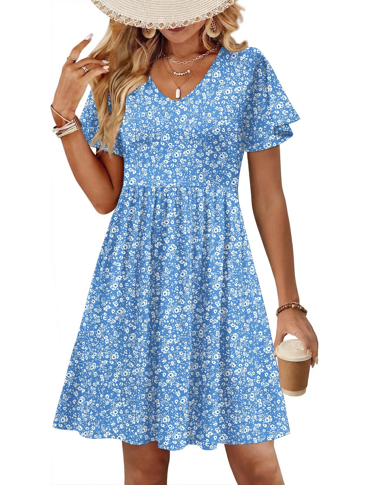 Floral V-Neck Ruffle Sleeve A Line Midi Dress With Pockets Summer Casual Sundress