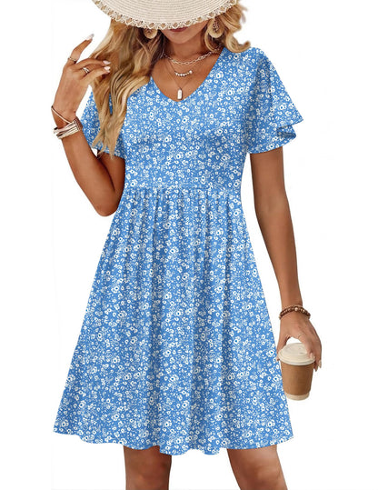 Floral V-Neck Ruffle Sleeve A Line Midi Dress With Pockets Summer Casual Sundress