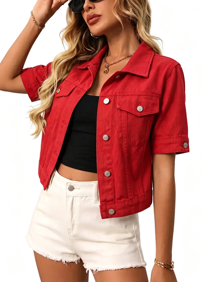 Short Sleeve Cropped Denim Jacket, Summer Fall Layering Coat