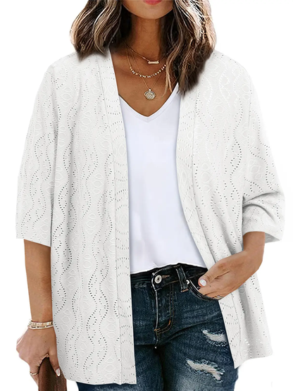 Women Jacquard Hollow Half Sleeve Open Front Cardigan Daily Layering Outer Tops