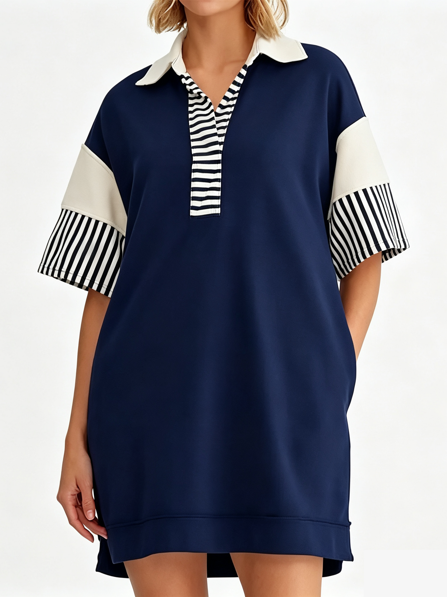 Oversized Color Block Striped Polo V Neck Mini Dress With Side Pockets