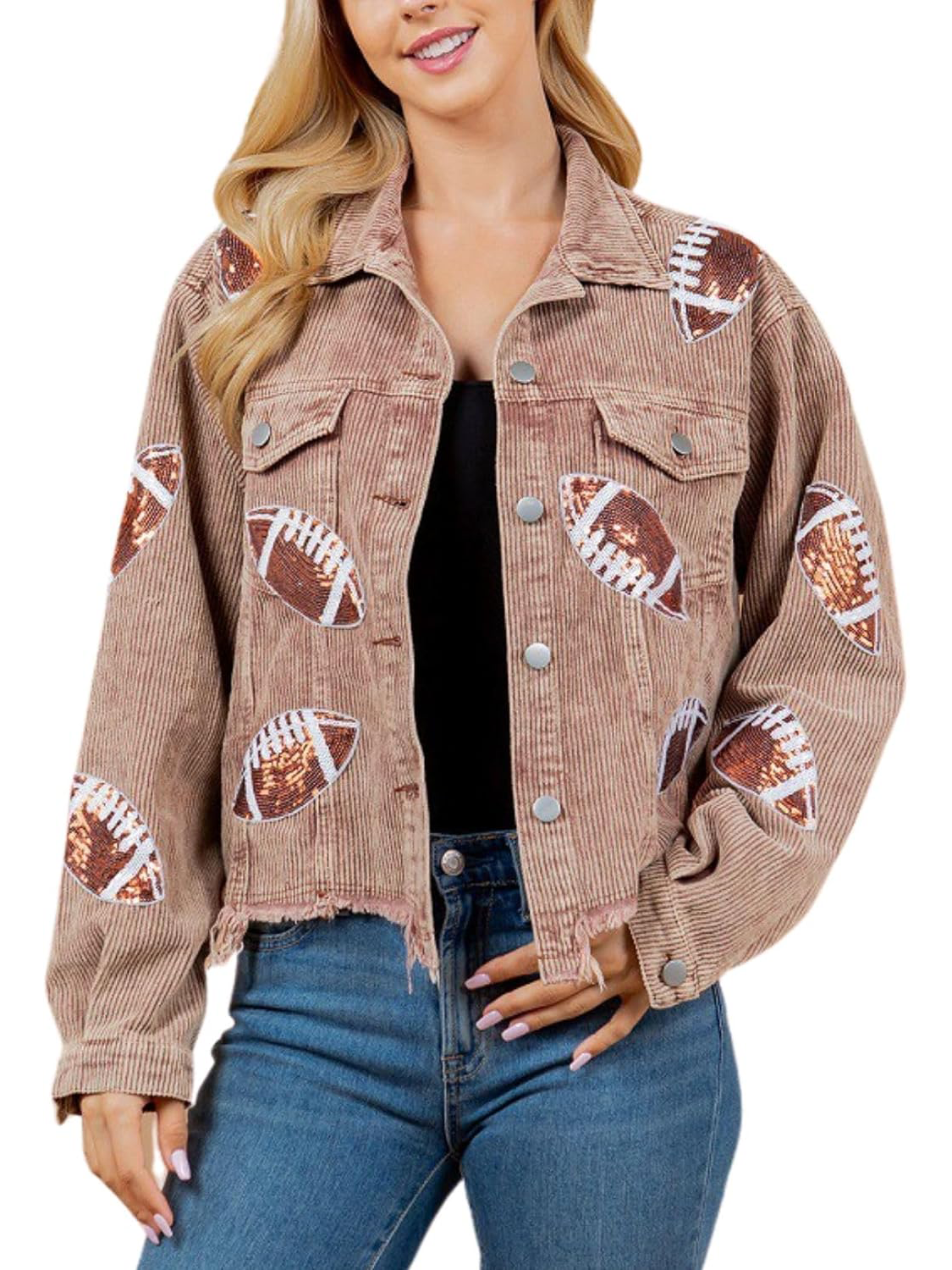 Game Day Styling Sequin Football Appliqué Cropped Jacket With Frayed Hem Lapel Coat