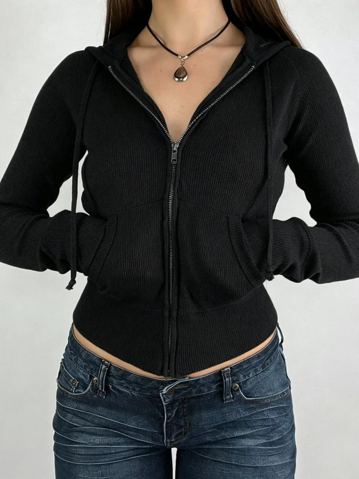 Women's Plain Pocket Drawstring Zip Up Hoodie