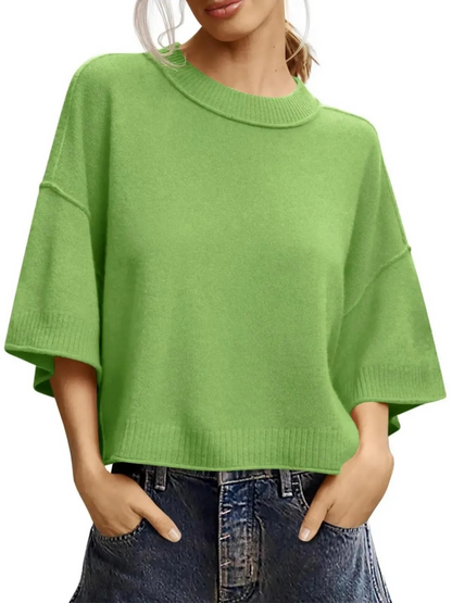 Oversized Cropped Short‑Sleeve Knit Top 🍂 Drop‑Shoulder Crew Neck Exposed‑Stitching Casual Tops