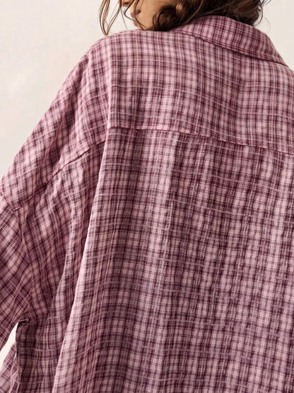 Women's Plaid Oversized Pouch Pocket Long Sleeve Shirt