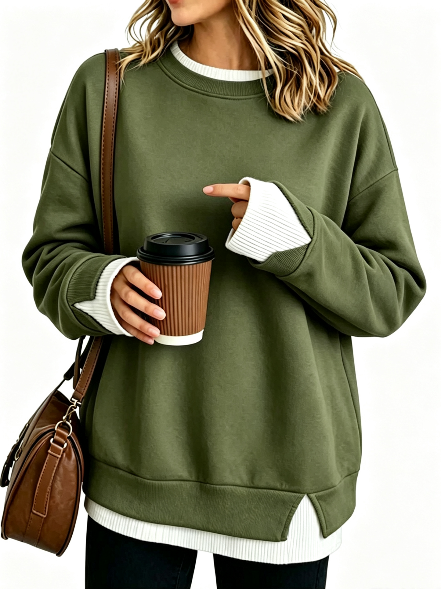 Fake Two Piece Ribbed Patchwork Oversized Crew Neck Long Sleeve Sweatshirt