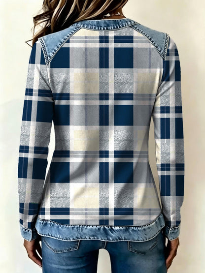New Spring Fall Women's Fake Denim Patchwork Print V Neck Top