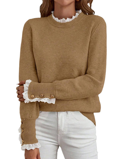 ✨Women's Long Sleeve Knitted Button Lace Trim Sweater