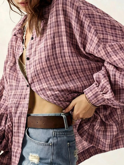 Women's Plaid Oversized Pouch Pocket Long Sleeve Shirt