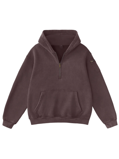 Half Zip Vintage Wash Oversized Hoodie With Dual Storage Pockets