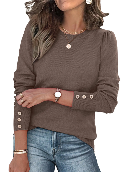 Chic Versatile Long‑Sleeve Pullover ✨ Elegant Button Cuff Detail For Dressy‑Casual Looks