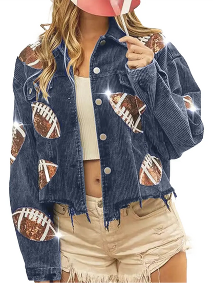 Game Day Styling Sequin Football Appliqué Cropped Jacket With Frayed Hem Lapel Coat