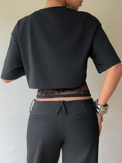 Women's Cropped Short T-shirt with Lace Splicing