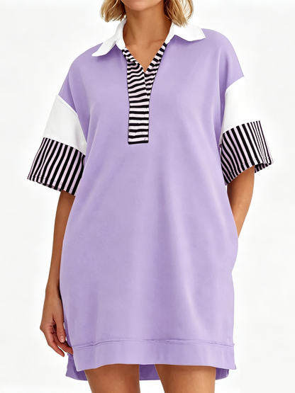 Oversized Color Block Striped Polo V Neck Mini Dress With Side Pockets