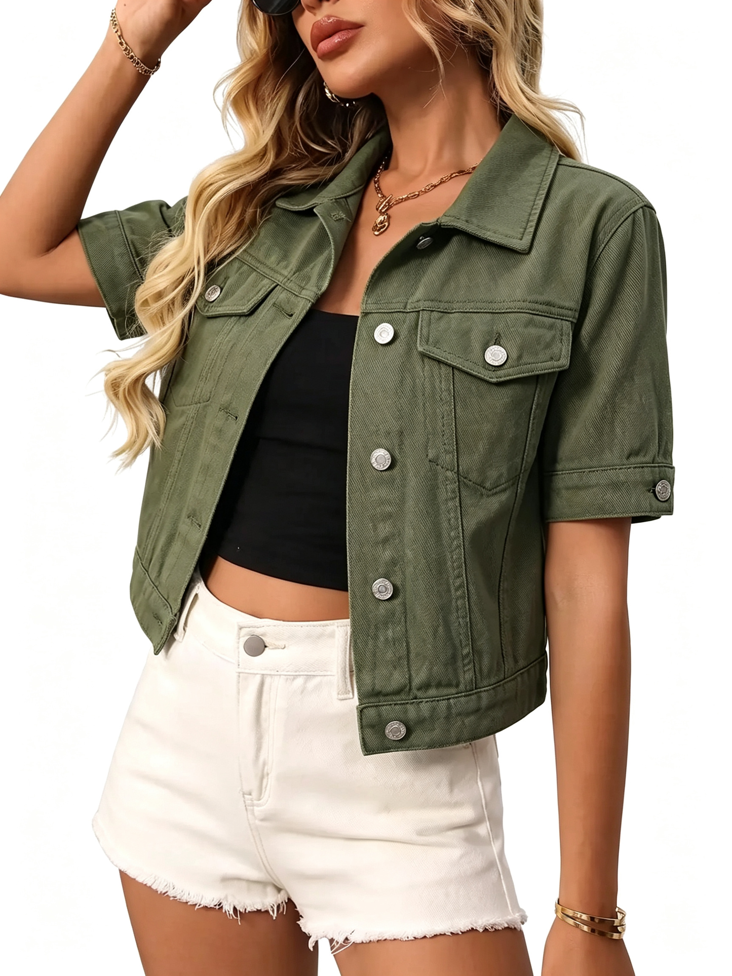 Short Sleeve Cropped Denim Jacket, Summer Fall Layering Coat