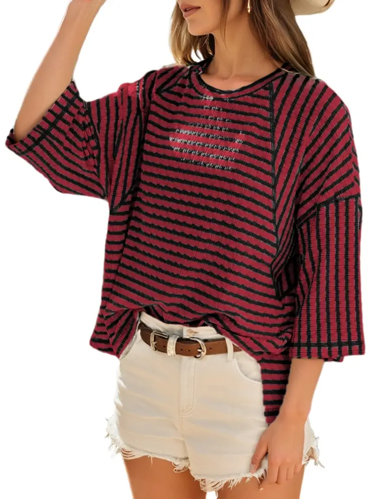 Multi-Tone Striped Relaxed Oversized Crew Neck T-Shirt