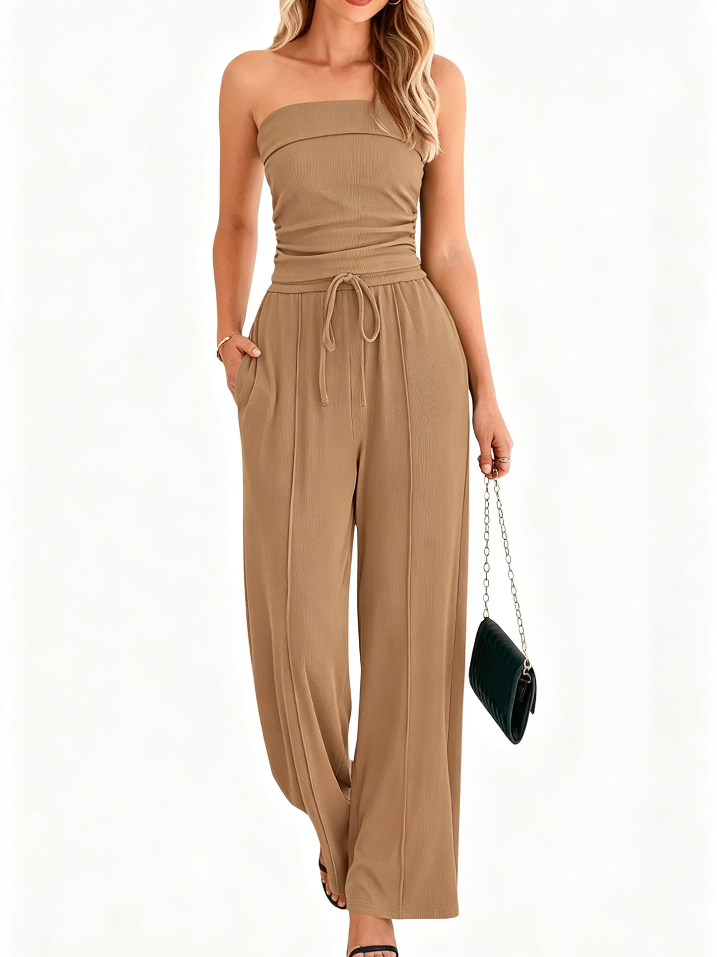 Women Anti-Slip Tube Top Wide Leg Pants 2 Piece Casual Matching Lounge Set