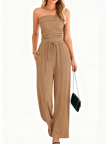 Women Anti-Slip Tube Top Wide Leg Pants 2 Piece Casual Matching Lounge Set