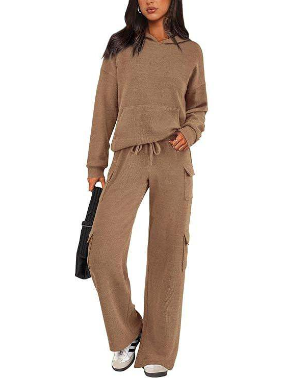 Women Hooded Top Wide Leg Cargo Pant 2 Piece