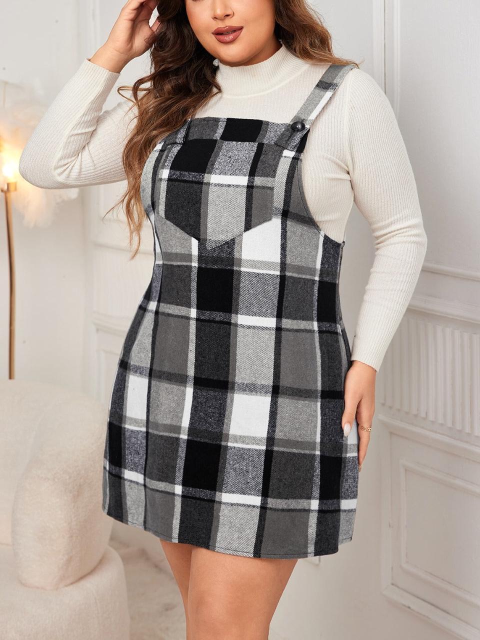 Plus Size Plaid Print Pocket Pinafore Dress
