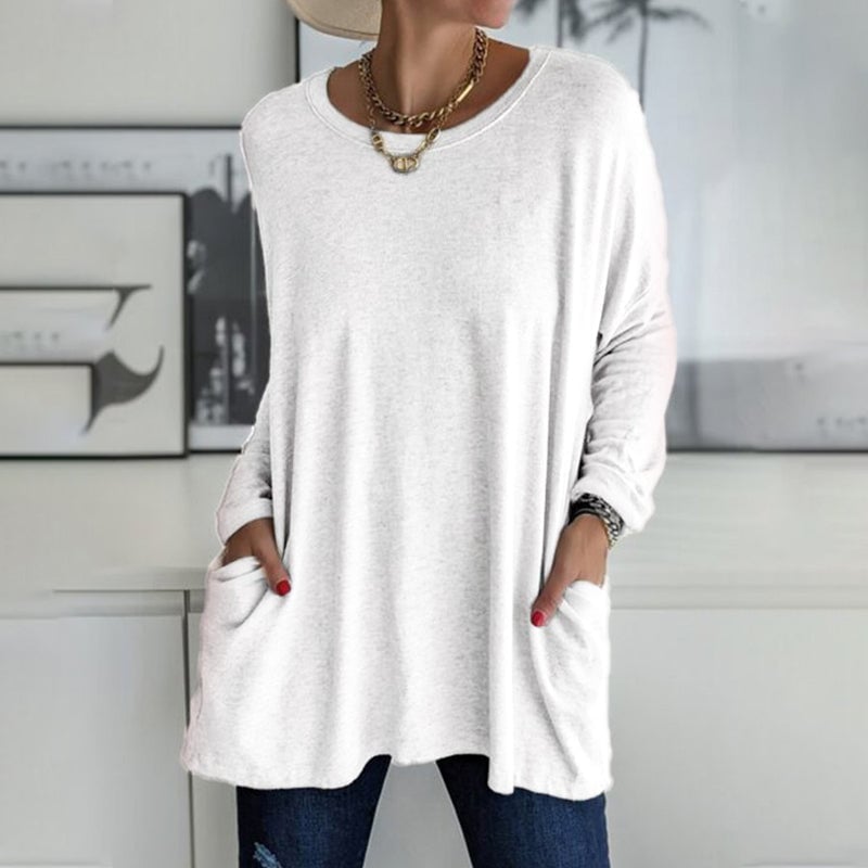 ⏰HOT SALE-Round Neck Long Sleeve Loose Pocket Solid T-Shirt
