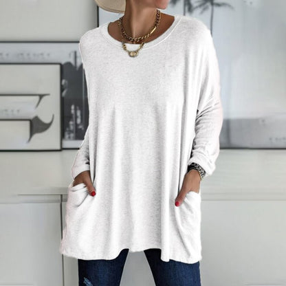 ⏰HOT SALE-Round Neck Long Sleeve Loose Pocket Solid T-Shirt