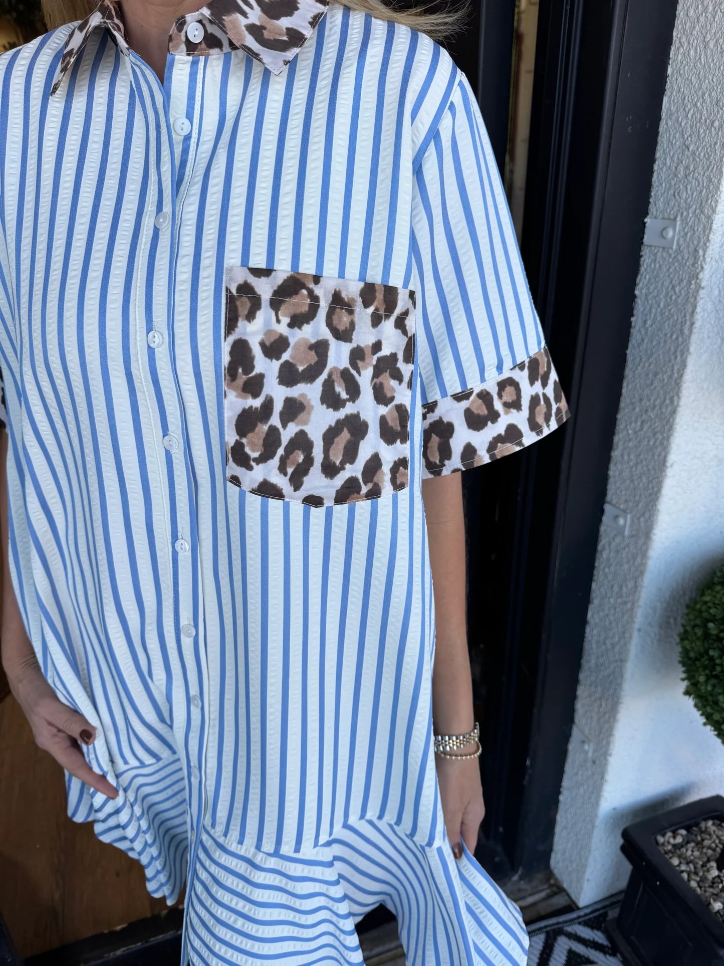 Women's Striped Animal Print Contrast Button Down Dress