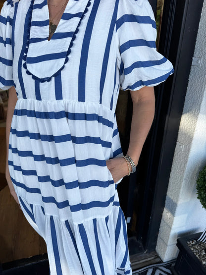 ✨Women's Short Bubble Sleeve Striped Dress With Pockets