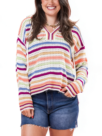 Women's Multicolor Stripe Drawstring Hooded Long Sleeve Knit Pullover