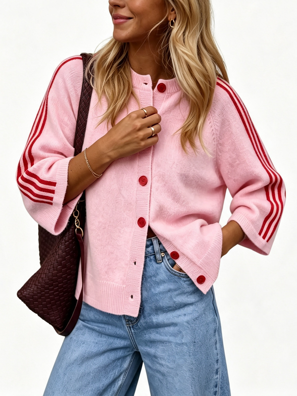 Women Striped 3/4 Sleeve  Crew Neck Button Down Knit Cardigan