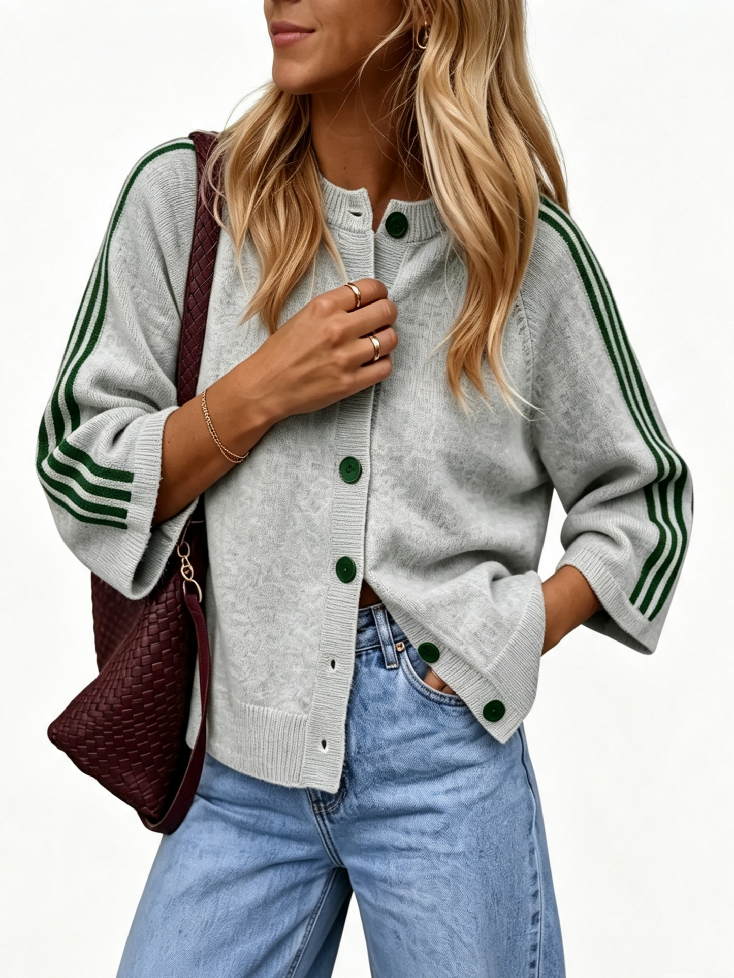 Women Striped 3/4 Sleeve  Crew Neck Button Down Knit Cardigan