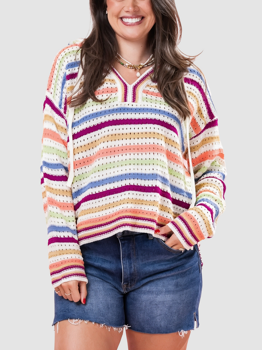 Women's Multicolor Stripe Drawstring Hooded Long Sleeve Knit Pullover