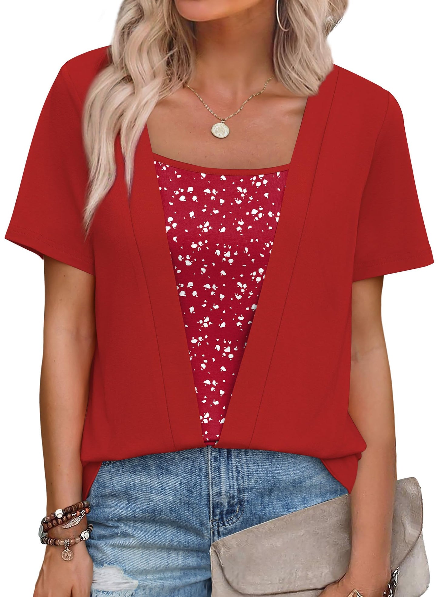 Womens Trendy 2 in 1 Blouses Short Sleeve Shirts Casual Beach Vacation Clothes