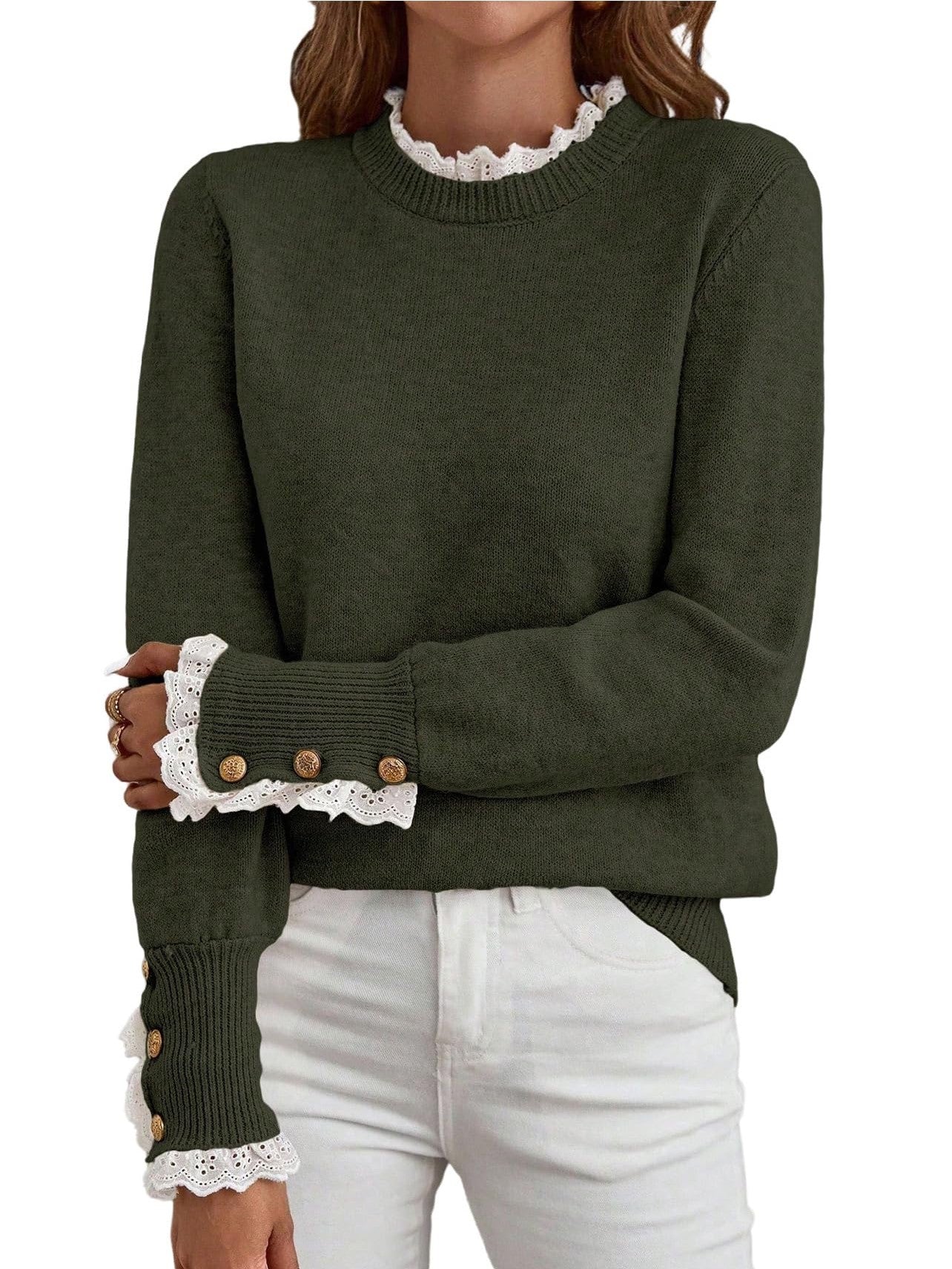 ✨Women's Long Sleeve Knitted Button Lace Trim Sweater