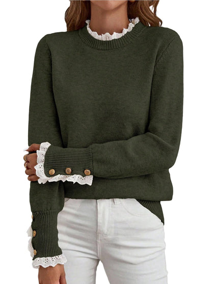 ✨Women's Long Sleeve Knitted Button Lace Trim Sweater