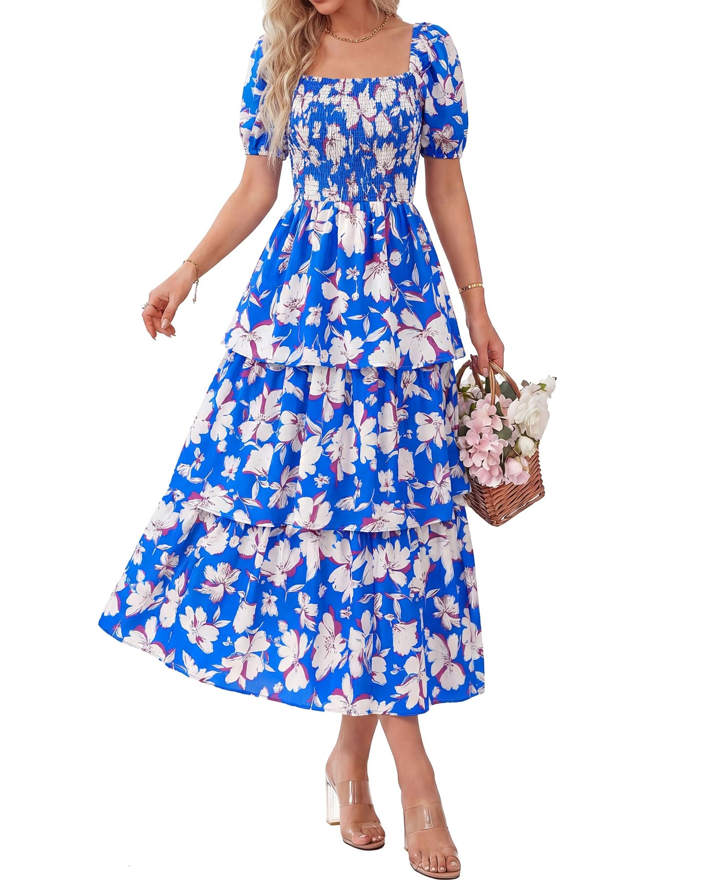 Limited time sale🔥Women's Floral Square Neck Puff Short Sleeve Smocked Tiered Dress