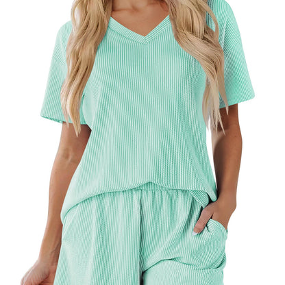 Women's Ribbed V-Neck Lounge Set with Pockets